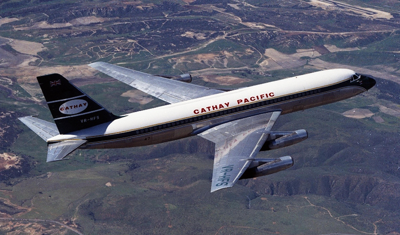 A Convair 880 of Cathay Pacific in flight in 1965 (San Diego Air and Space Museum)